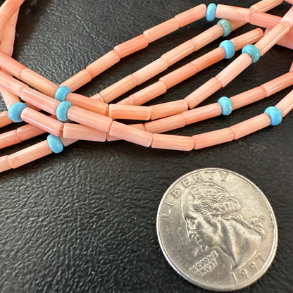 Native American Turquoise Pink Coral Sterling Silver 3 Strand Necklace 21" 17816
