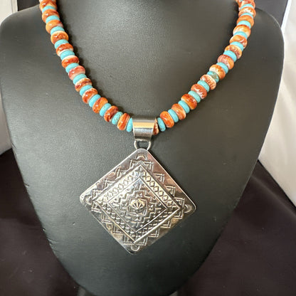 Orange Spiny Oyster Turquoise Navajo  Pendant Sterling Silver Necklace 21” 19043