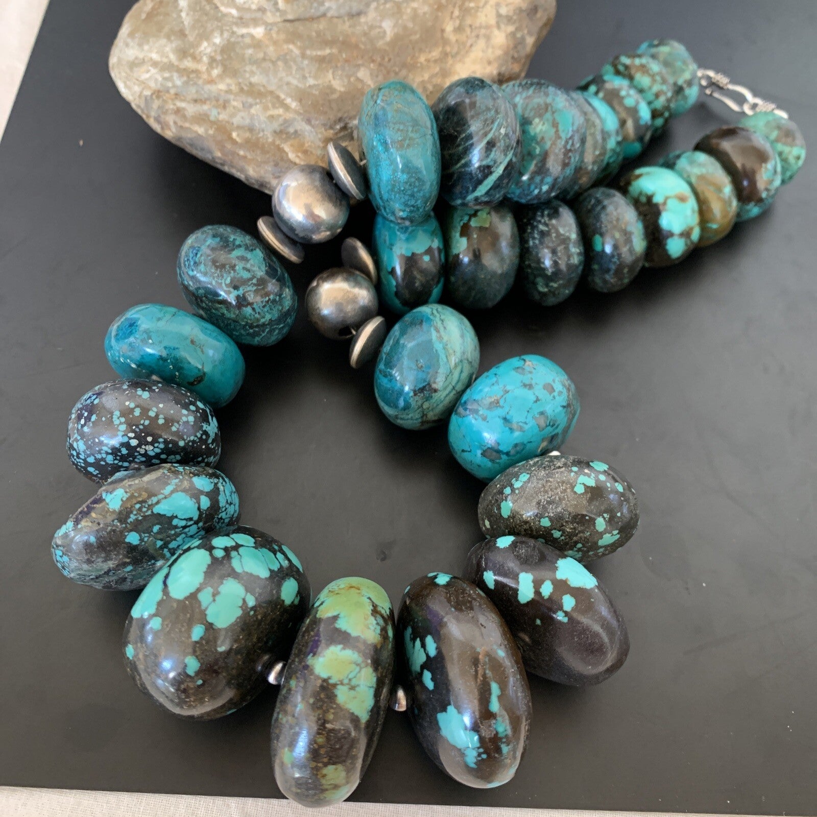 Blue Turquoise Chunky Graduated Navajo Sterling Silver Beads Necklace 11381