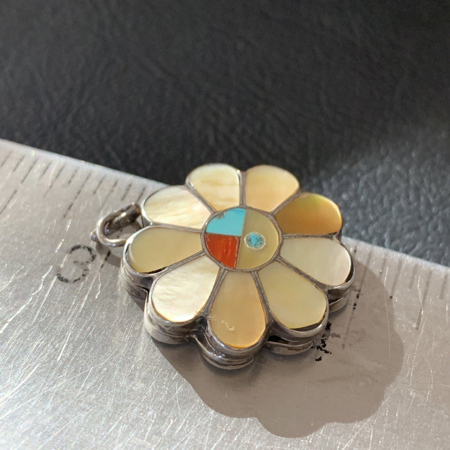 Mother Of Pearl Turquoise Spiny Inlay Zuni Sterling Silver 2 Sided Pendant 1683