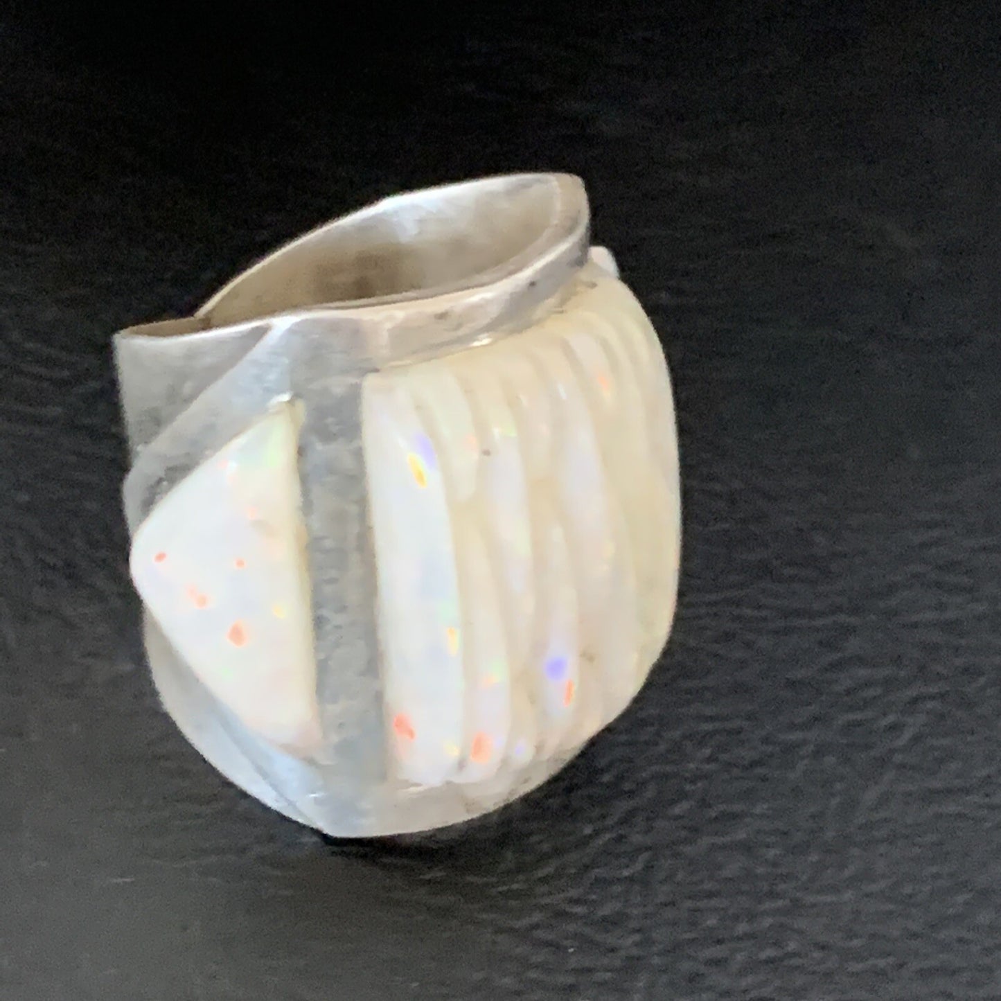 White Opal Native American Navajo Sterling Silver Inlay Ring Size 8 18922