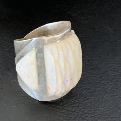 White Opal Native American Navajo Sterling Silver Inlay Ring Size 8 18922