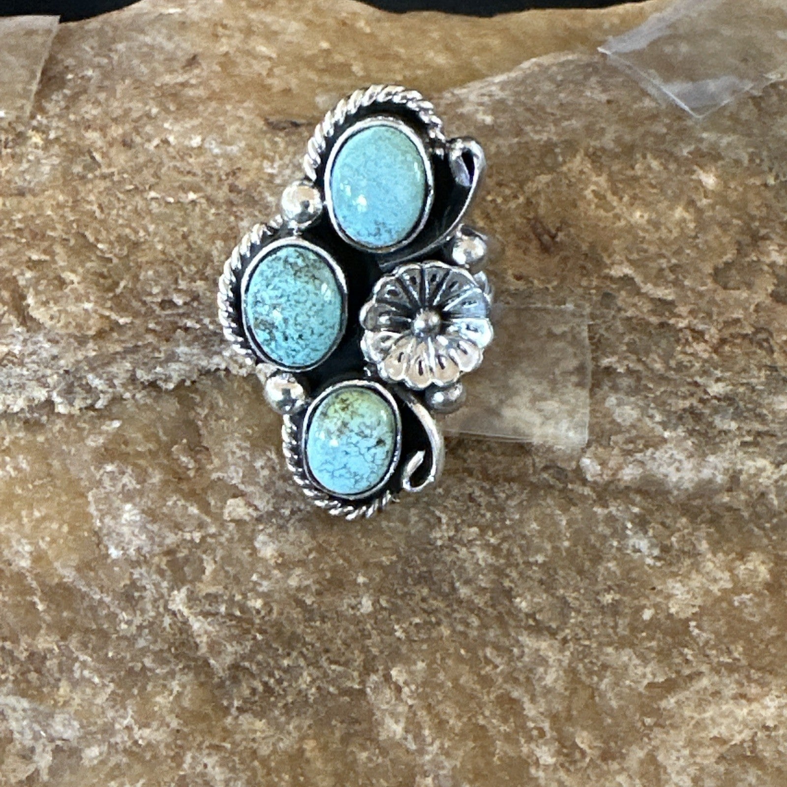 Yazzie Ring Blue Turquoise Navajo Sterling Silver Cluster Size 8 19219