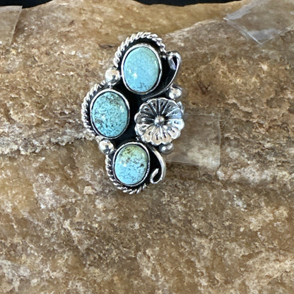 Yazzie Ring Blue Turquoise Navajo Sterling Silver Cluster Size 8 19219