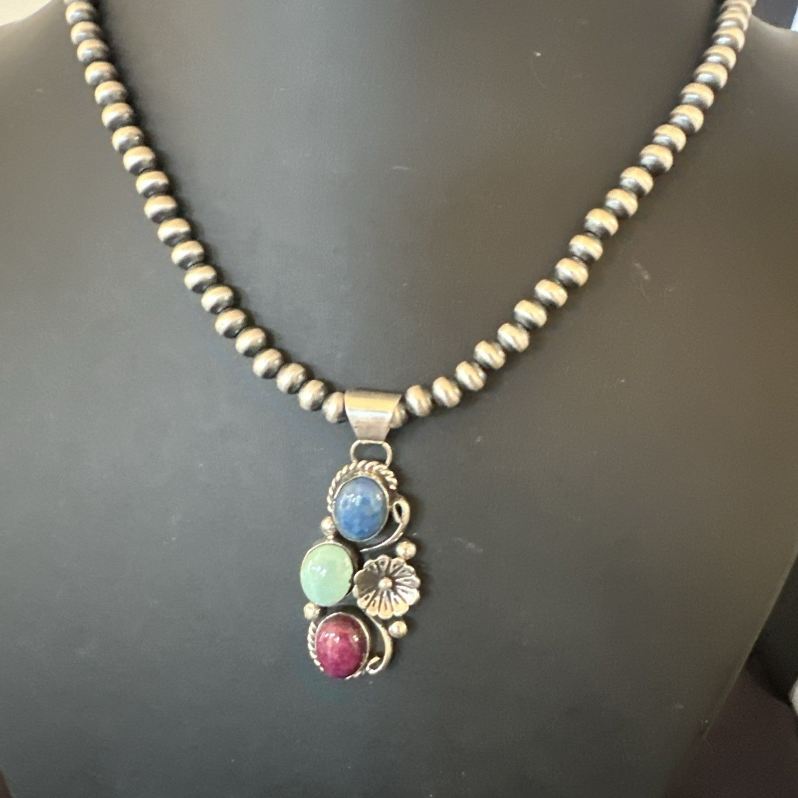 Multicolor Turquoise Spiny Navajo Sterling Silver Cluster Pendant Necklace 19313