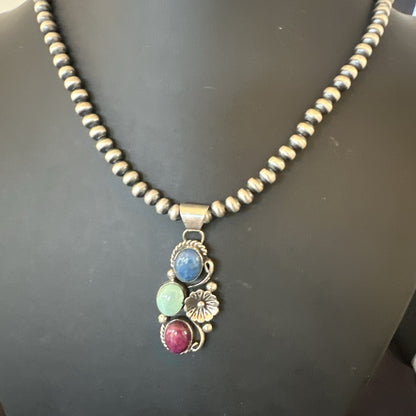Multicolor Turquoise Spiny Navajo Sterling Silver Cluster Pendant Necklace 19313