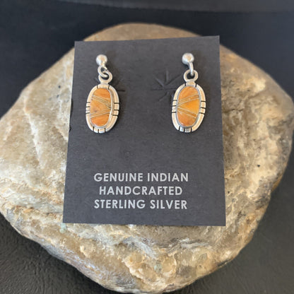 Orange Spiny Oyster Navajo Sterling Silver Dangle Inlay Earrings 12680