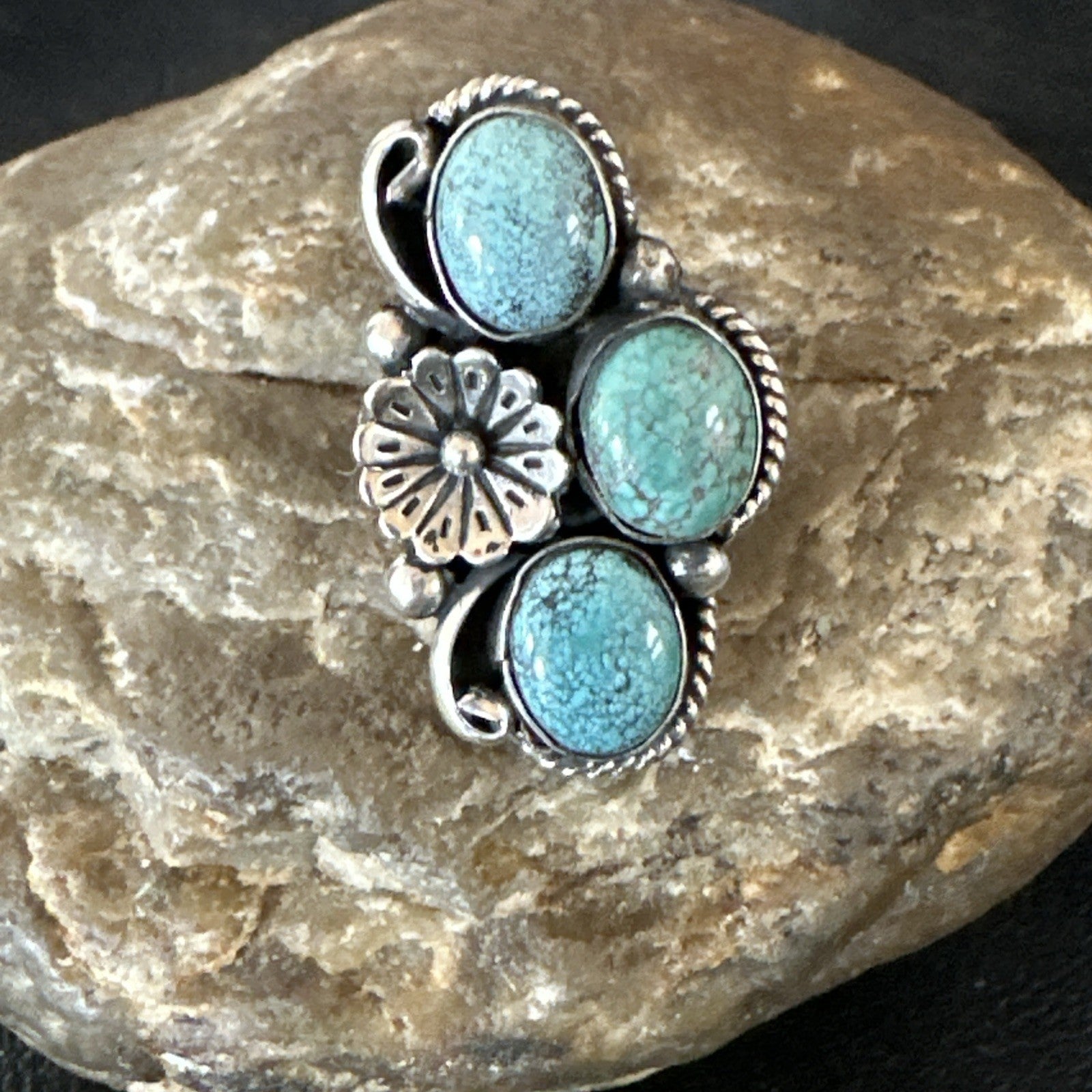 Yazzie Ring Blue Turquoise Navajo Sterling Silver Cluster Size 7 19240