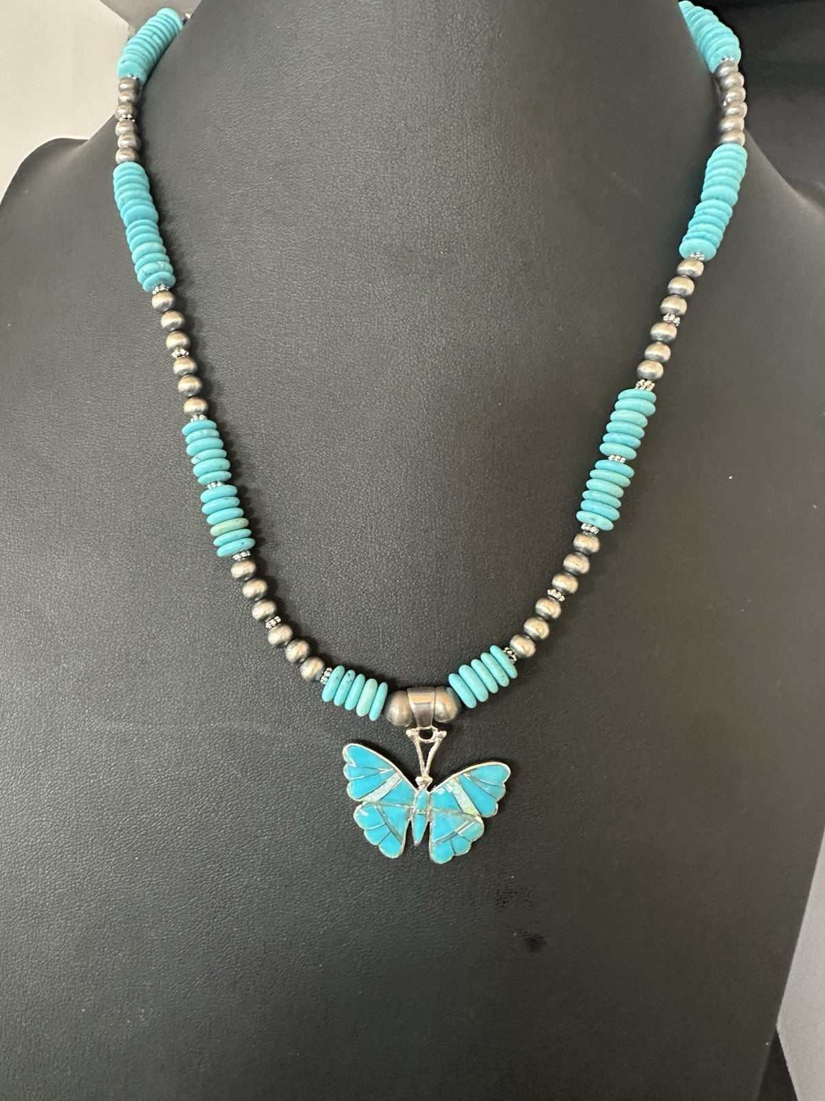Butterfly Blue Turquoise Opal Pendant Navajo Sterling Silver Necklace 19511