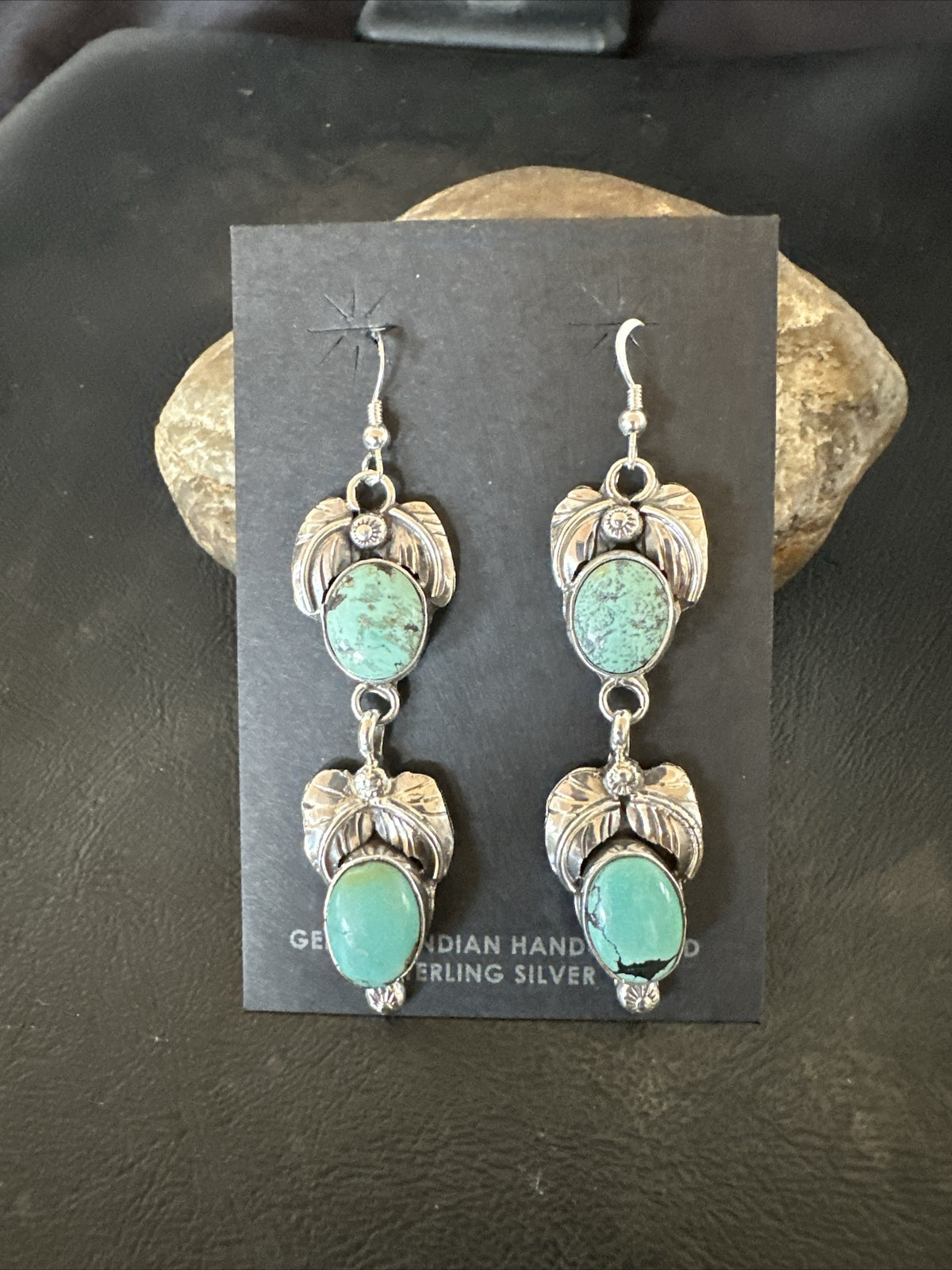 Native Navajo Green Turquoise Sterling Silver Dangle Earrings 2” 17914