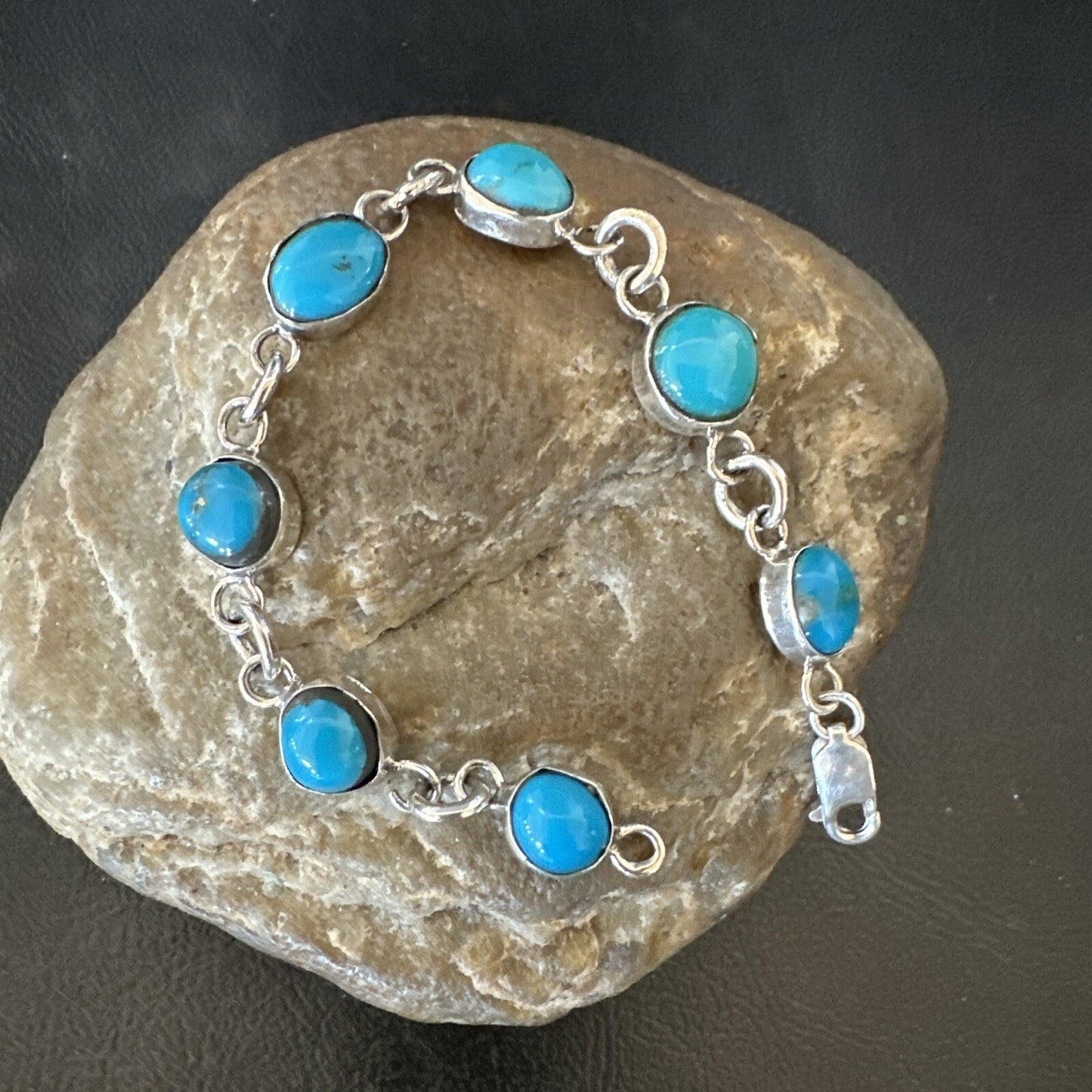 Blue Kingman Turquoise Navajo Sterling Silver Link Bracelet 7” 18299