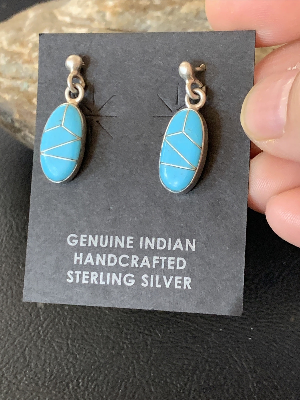 Navajo Blue Turquoise Sterling Silver Dangle Post Inlay Earrings 0.7" 12719