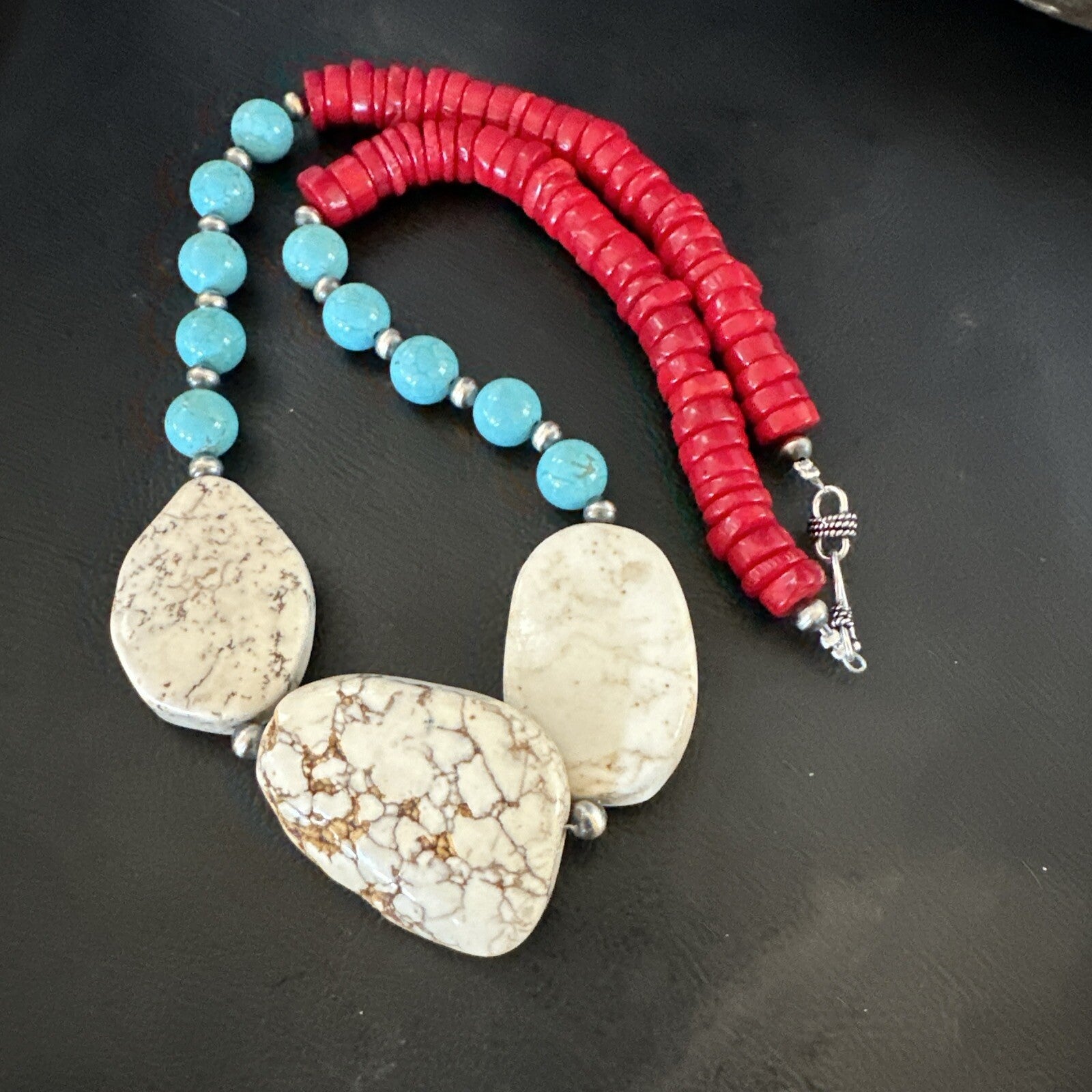 Mens Wild Horse Blue Turquoise Red Coral Navajo Sterling Silver Necklace 17982
