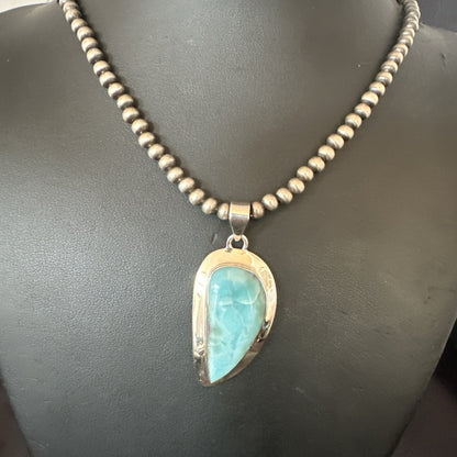 Womens Blue Larimar Pendant Navajo Sterling Silver Beads Necklace 17716
