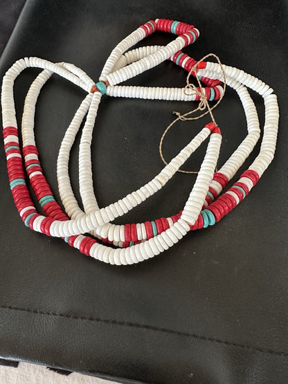 Red Coral White Turquoise 2 St Native American Santo Domingo Necklace 28" 19440