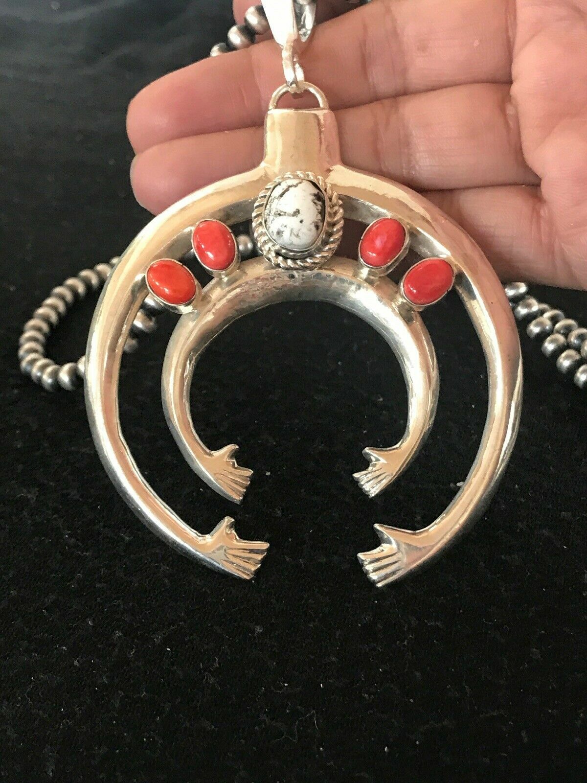 Spiny Oyster Naja Pendant Navajo Sterling Silver Squash Blossom Necklace 08508