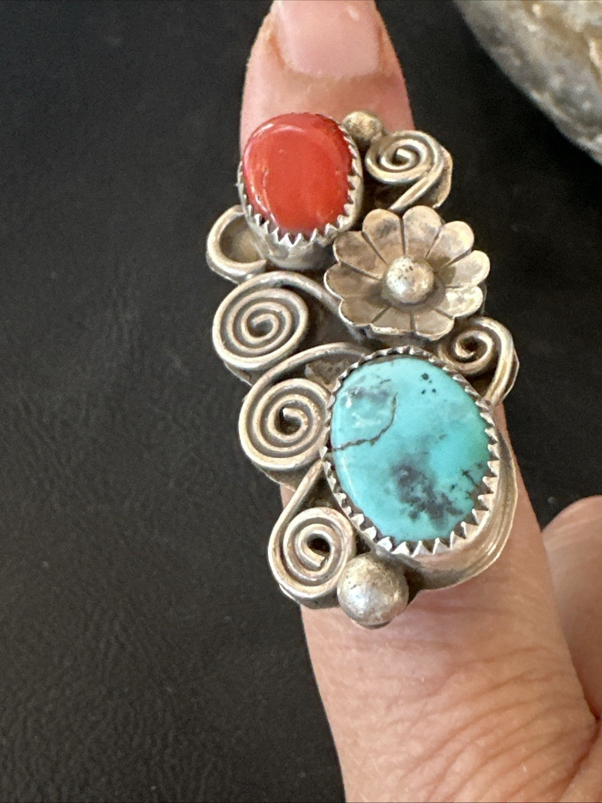Cluster Kingman Turquoise Purple Spiny Navajo Sterling Silver Ring Sz 6.5 19765