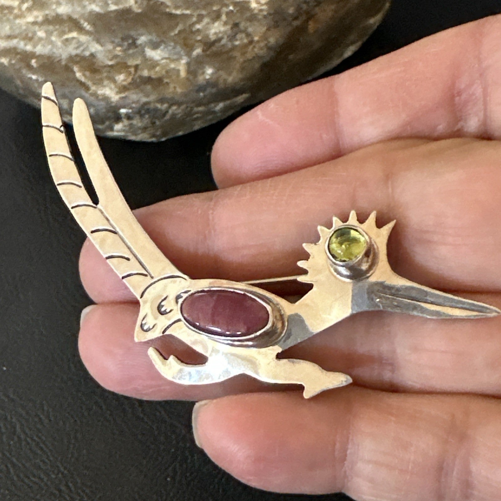 Road Runner Spiny Peridot Navajo Sterling Silver Stamped Pin Brooch 3” 19089