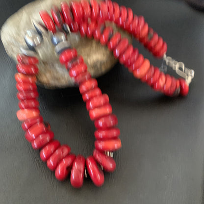 Native Navajo Graduated Red Coral Sterling Silver Bead 18" Necklace 11559