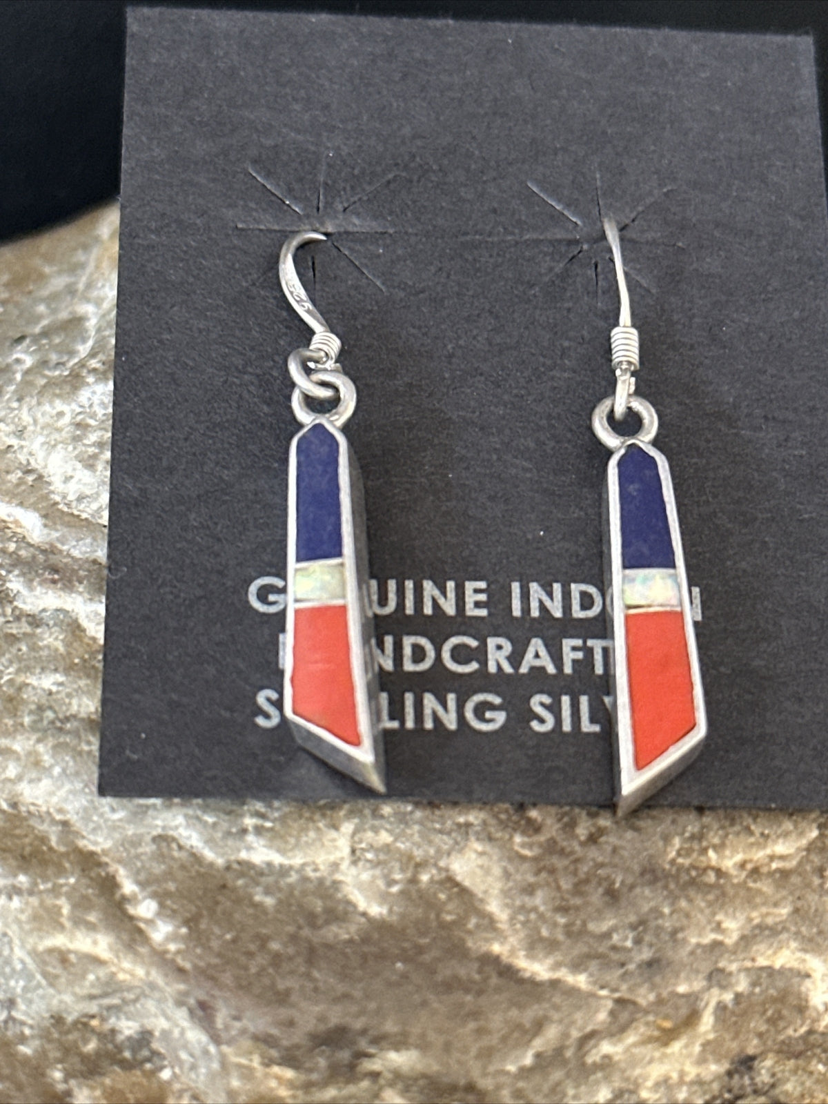 Lapis Opal & Coral Navajo Sterling Silver Inlay Earrings 1” 14766