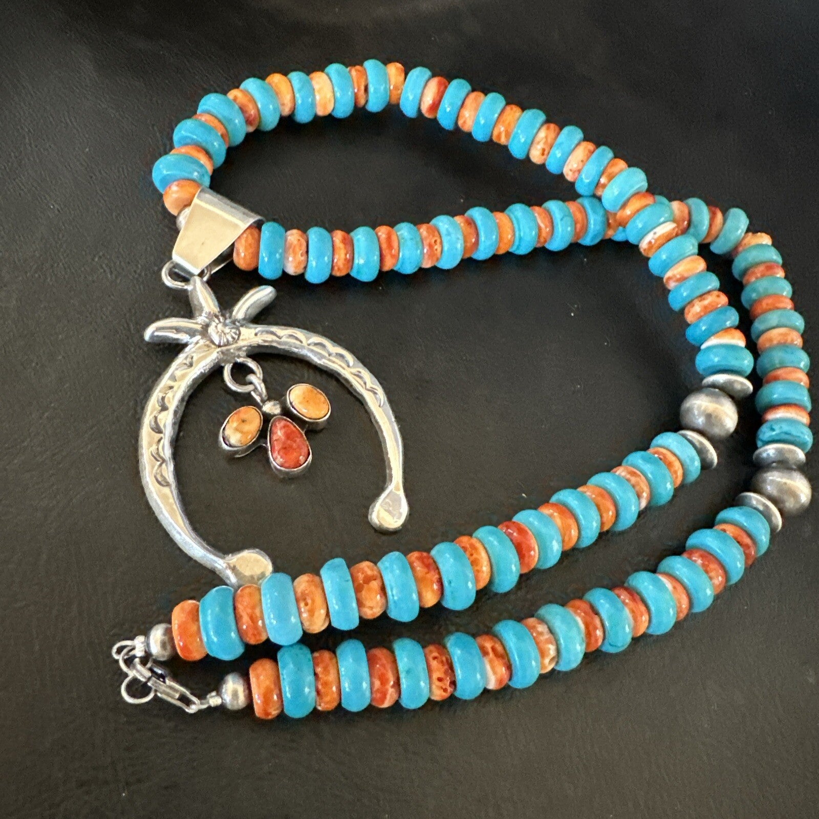 Mens Blue Turquoise Spiny Naja Pendant Navajo Sterling Silver Necklace 23" 17691