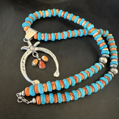 Mens Blue Turquoise Spiny Naja Pendant Navajo Sterling Silver Necklace 23" 17691
