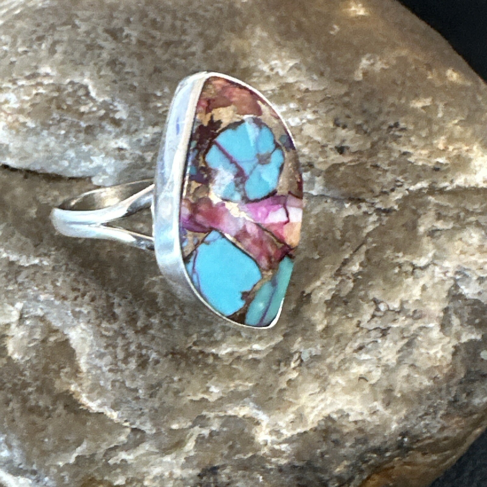 Blue Turquoise Spiny Oyster Navajo Sterling Silver Ring Size 7.5 18235
