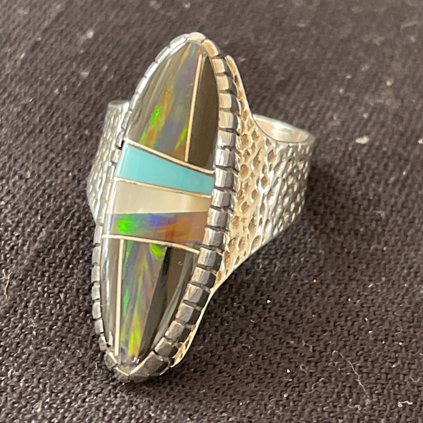 Navajo Multi-Color Opal & Turquoise Inlay Sterling Silver Ring Size 7 01584
