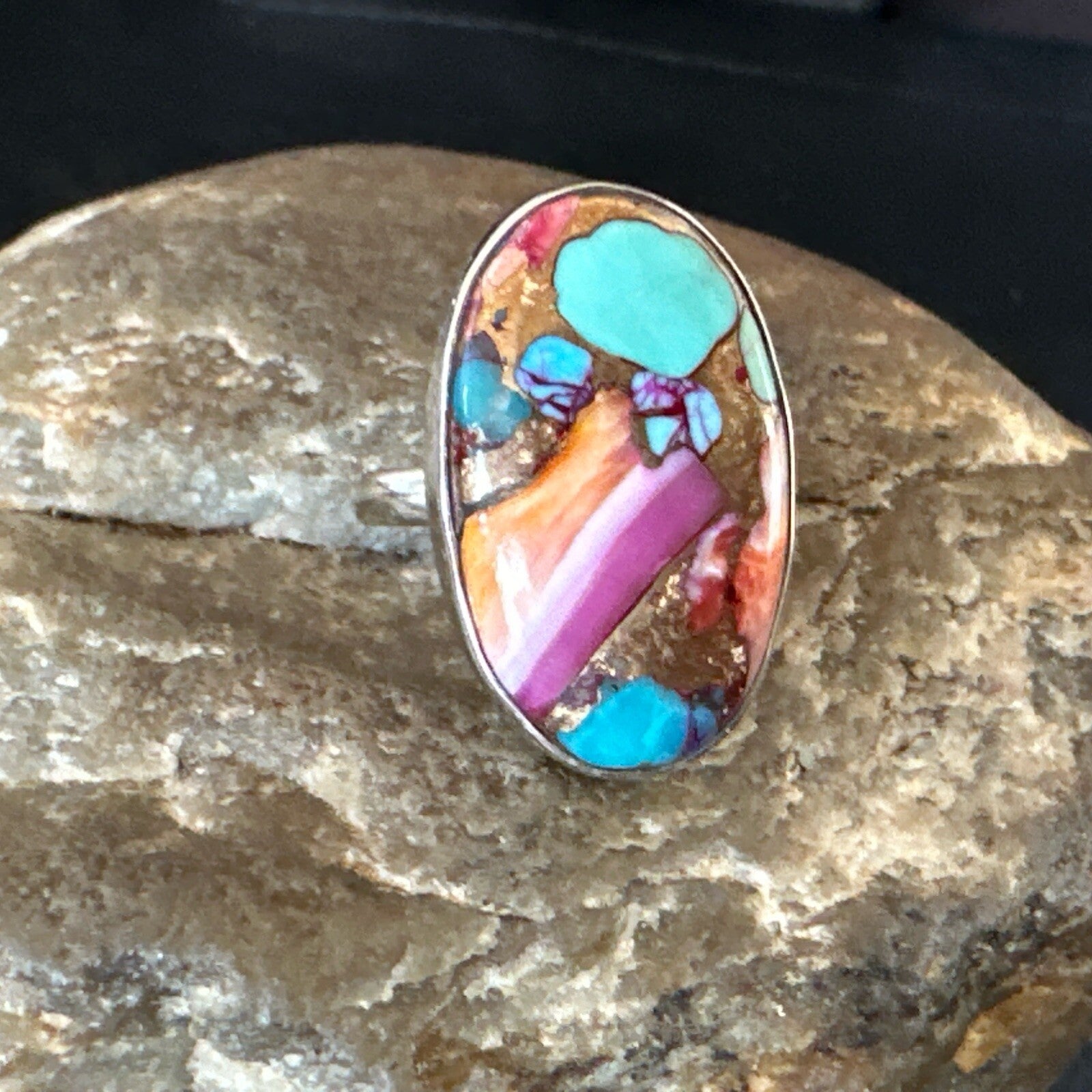 Blue Turquoise Spiny Oyster Navajo Sterling Silver Ring Size 8 18234
