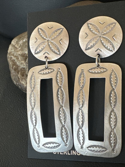 Popular Navajo Stamped Sterling Silver Stamped Handmade Earrings Set 2.75" 17858