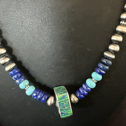 Mens Blue Turquoise Lapis Opal Pendant Navajo Sterling Silver Necklace 20" 17897