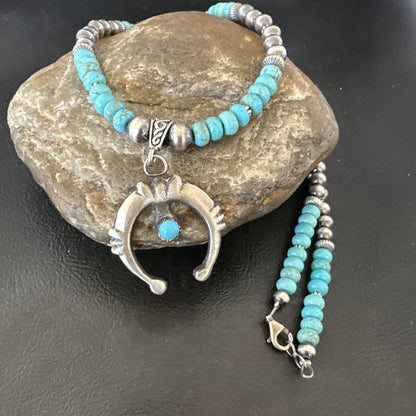 Mens Blue Turquoise Naja Pendant Navajo Sterling Silver Necklace 16643