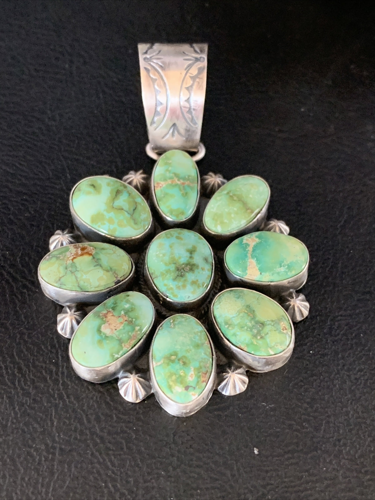 Green Sonoran Gold Turquoise Navajo Sterling Silver Cluster Pendant 14070