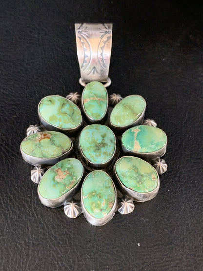 Green Sonoran Gold Turquoise Navajo Sterling Silver Cluster Pendant 14070