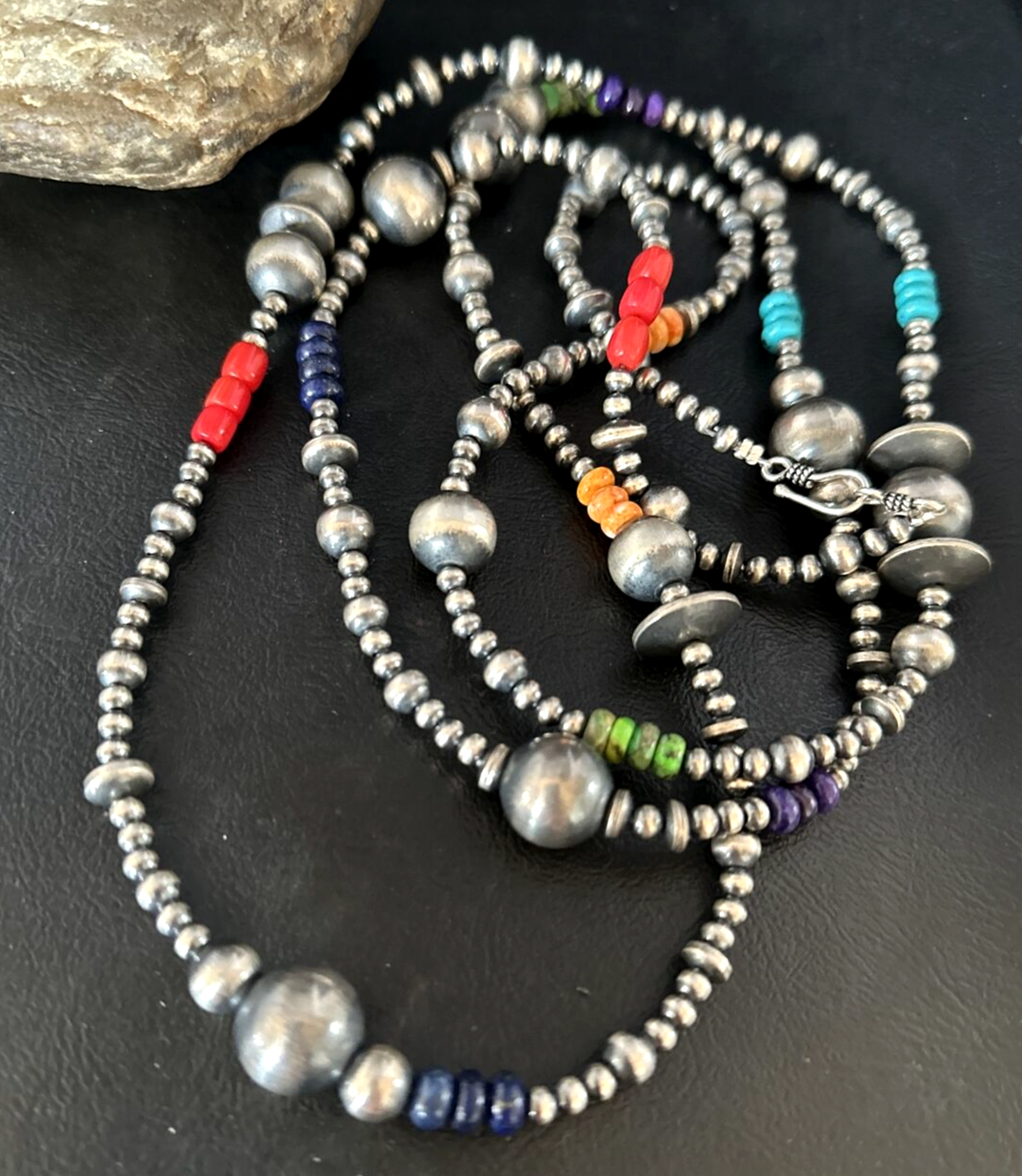 Turquoise Coral & Spiny Oyster Navajo Pearls Sterling Silver Bead Necklace 48"