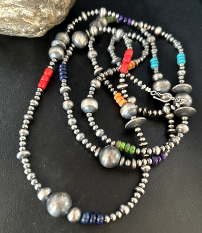 Turquoise Coral & Spiny Oyster Navajo Pearls Sterling Silver Bead Necklace 48"