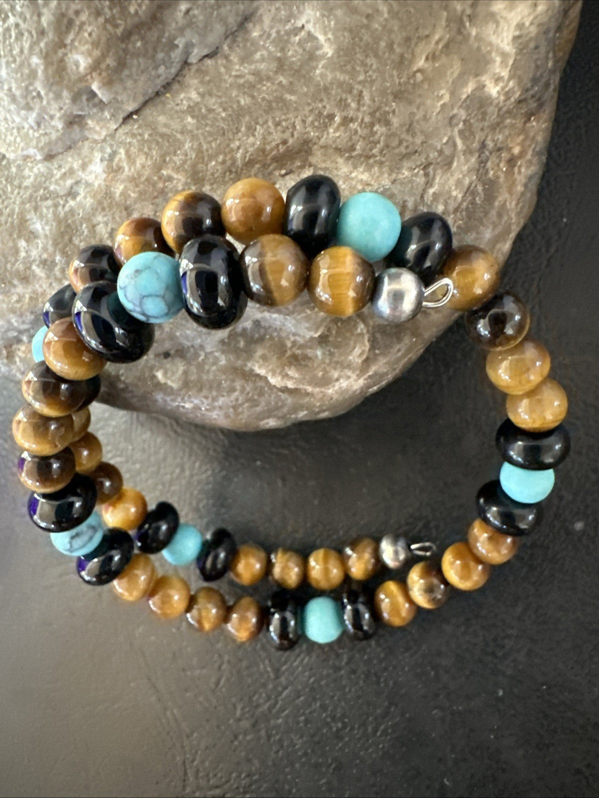 Blue Turquoise Coffee Tigers Eye Navajo Stainless Memory Wire Bracelet 19695