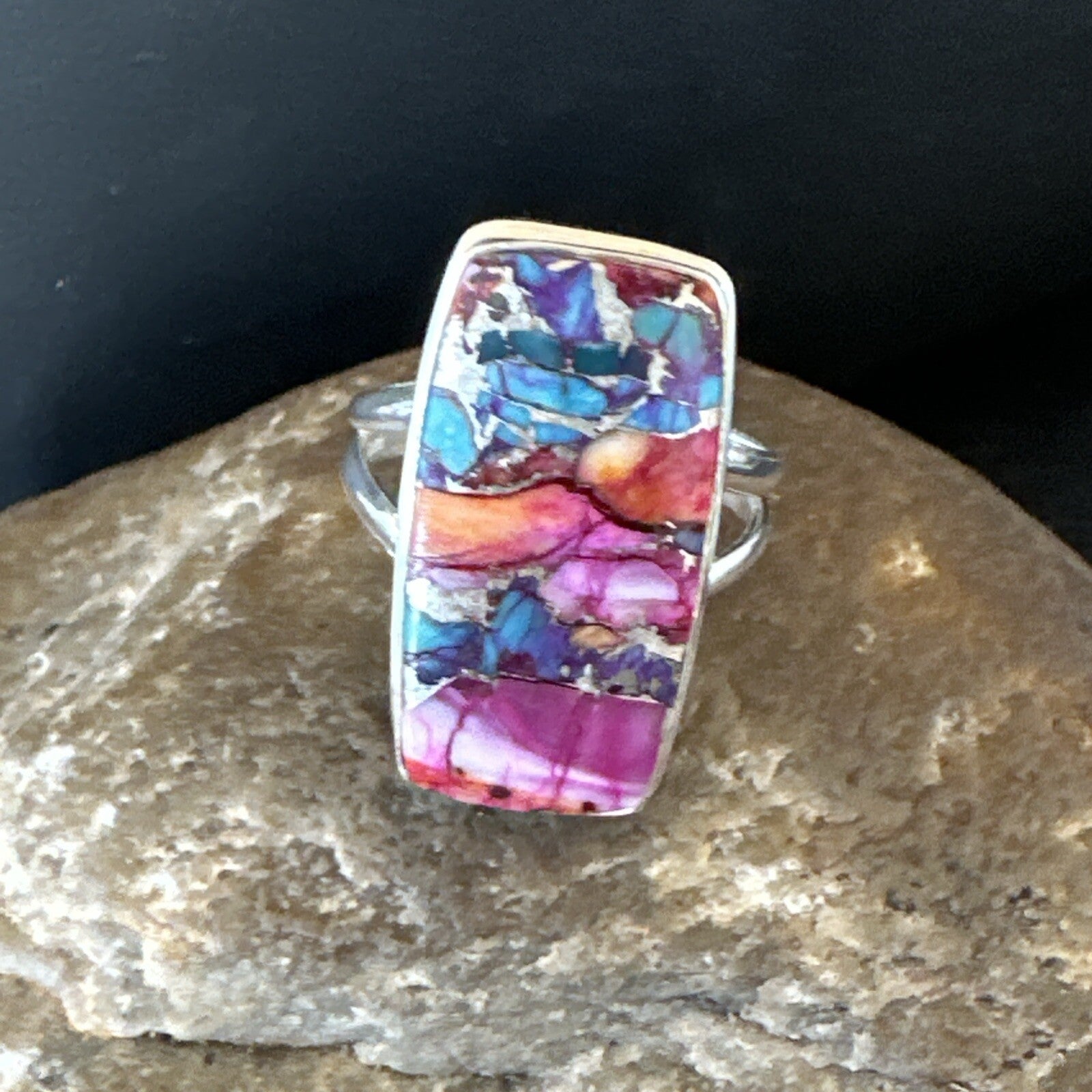 Blue Turquoise Spiny Oyster Southwestern Sterling Silver Ring Size 9 18541