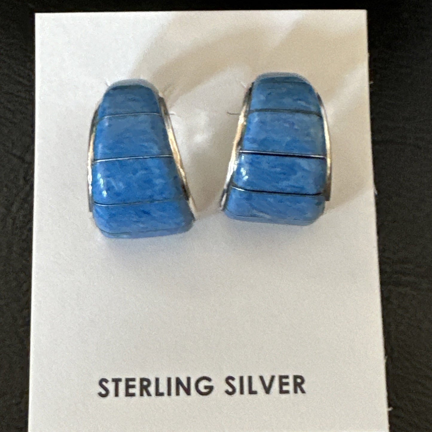 Southwestern Sterling Silver Blue  Denim Lapis Stud Inlay Earrings 1” 19268