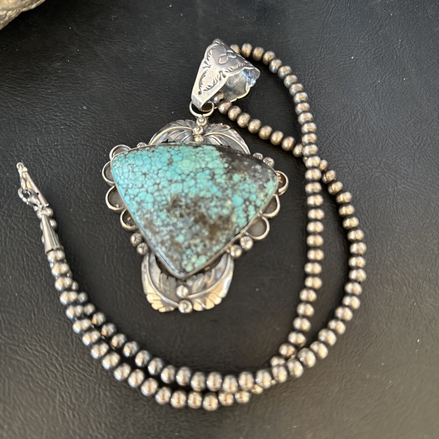 Blue Spiderweb Turquoise Pendant Navajo Pearls Sterling Silver Necklace 14807