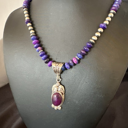 Purple Stone Pendant Navajo Pearls Sterling Silver Necklace 21” 18033