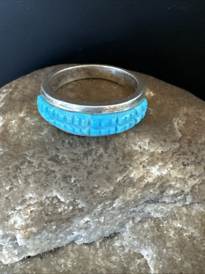 Blue Turquoise Navajo Sterling Silver Corn Inlay Band Ring Size 8.5 18815