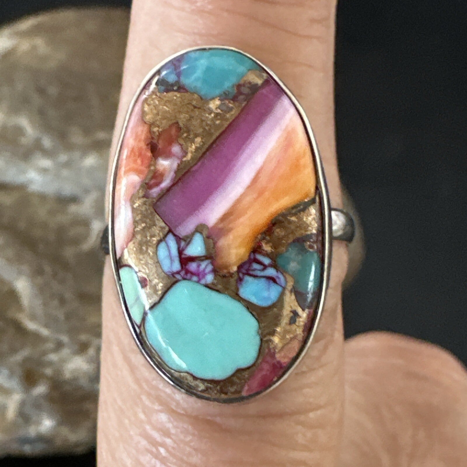 Blue Turquoise Spiny Oyster Navajo Sterling Silver Ring Size 8 18234