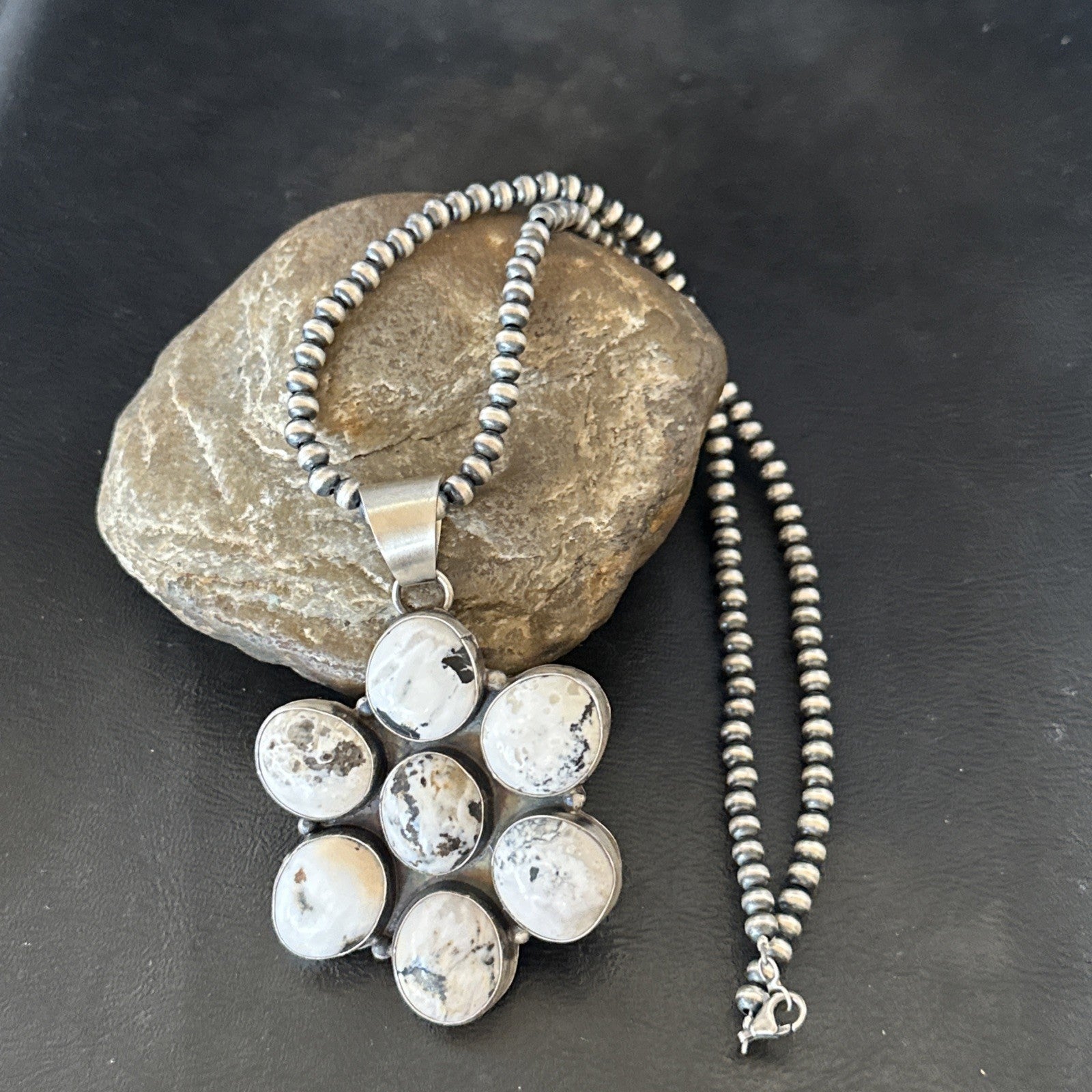 White Buffalo Turquoise Cluster Pendant Navajo Sterling Silver Necklace 19270