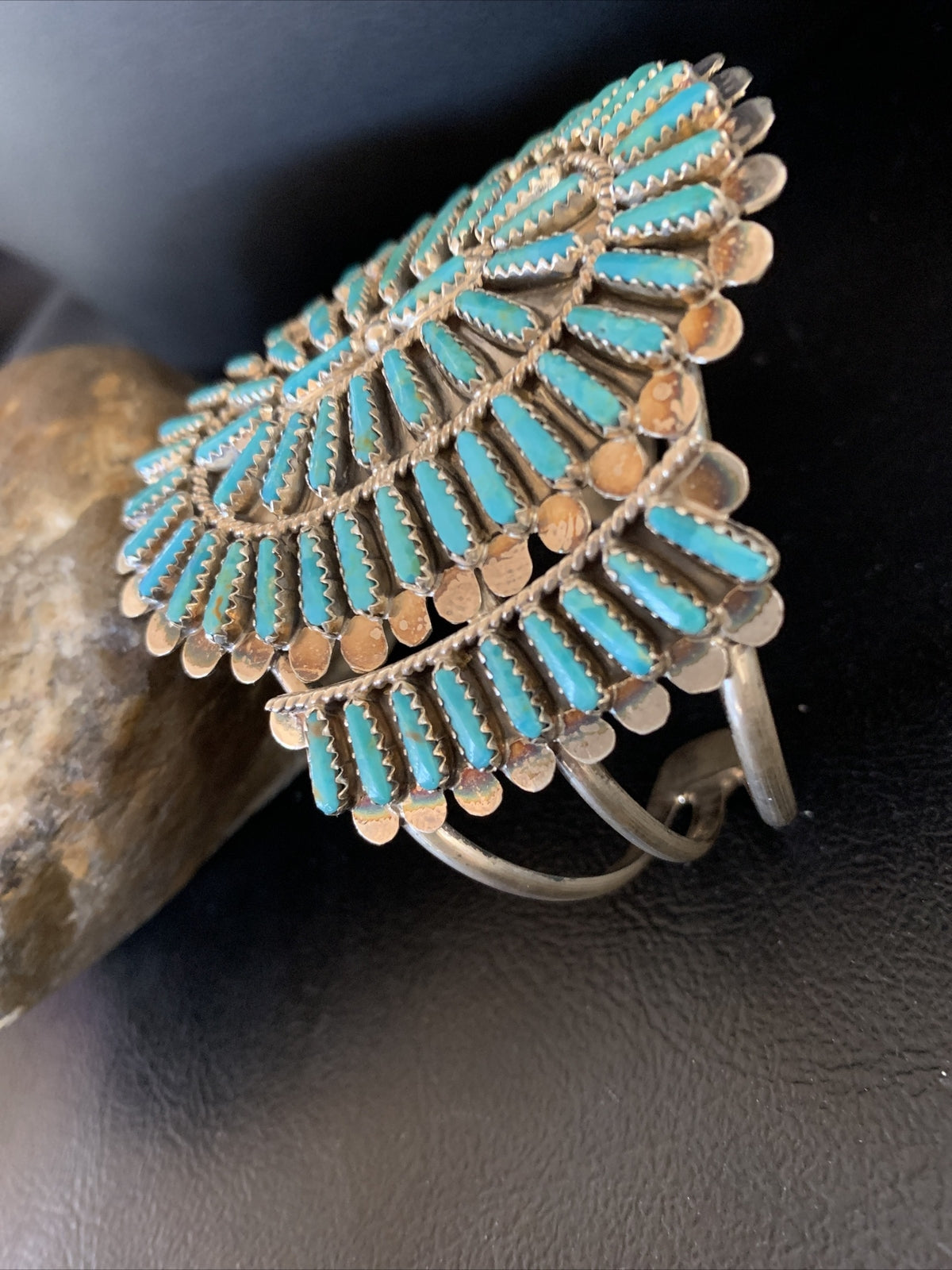 Blue Turquoise Zuni Sterling Silver Cluster Cuff Bracelet 12333