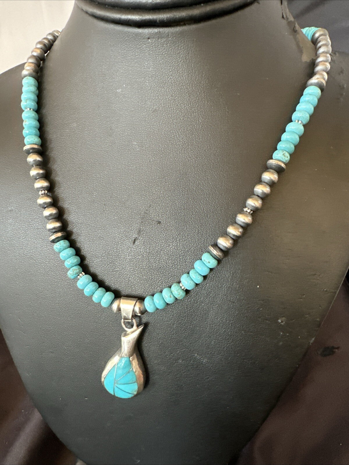 Pottery Blue Kingman Turquoise Pendant Navajo Sterling Silver Necklace 21" 18378