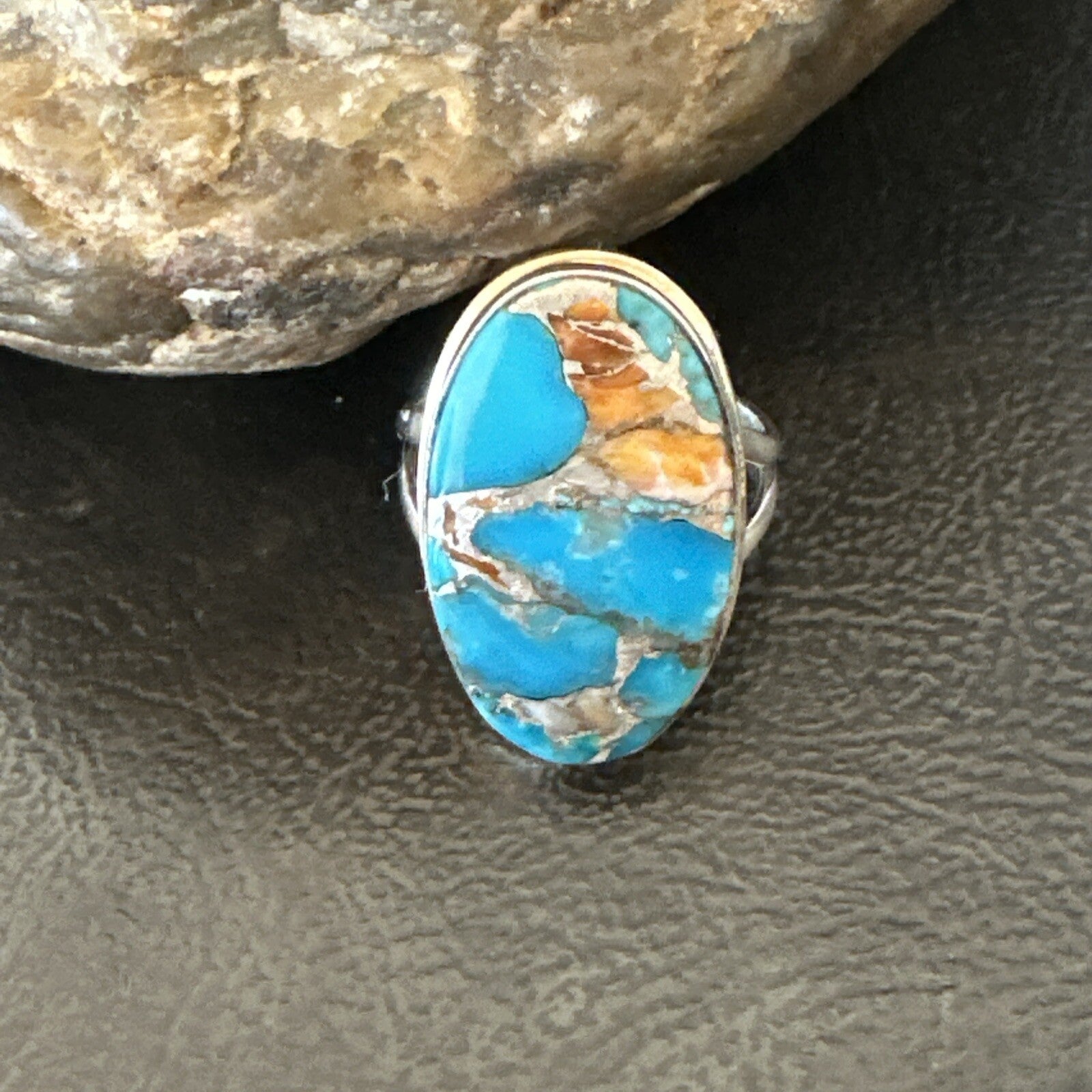 Blue Turquoise Spiny Oyster Southwestern Sterling Silver Ring Size 7 18443