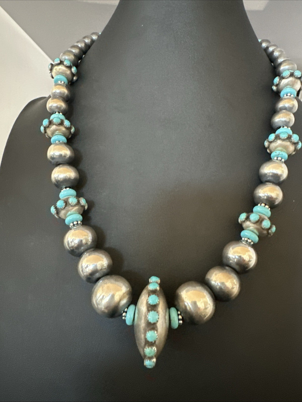Navajo Pearls Blue Kingman Turquoise Sterling Silver Necklace 23” 19449