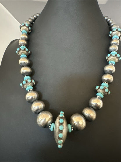 Navajo Pearls Blue Kingman Turquoise Sterling Silver Necklace 23” 19449