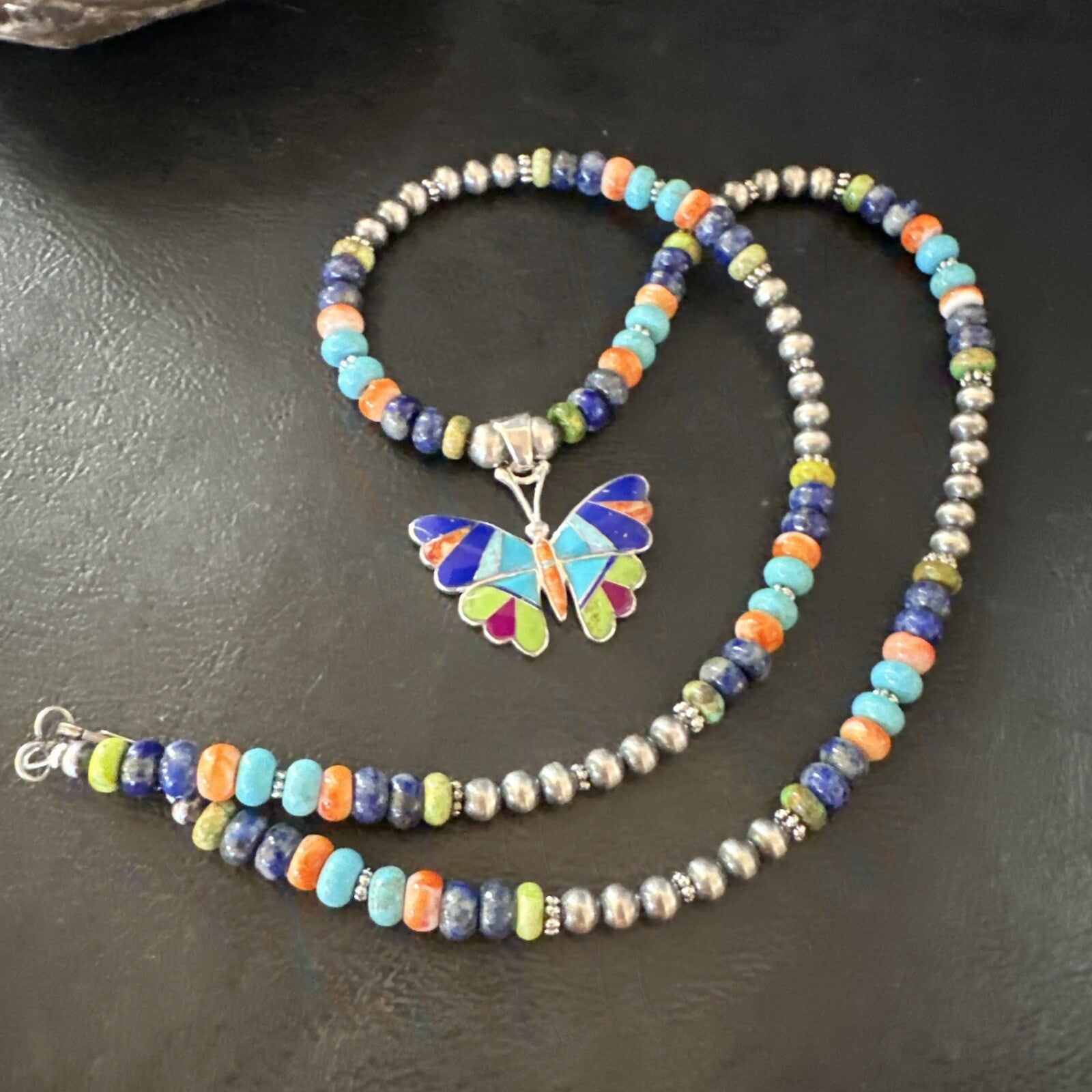 Butterfly Multicolor Turquoise Pendant Navajo Sterling Silver Necklace 18729